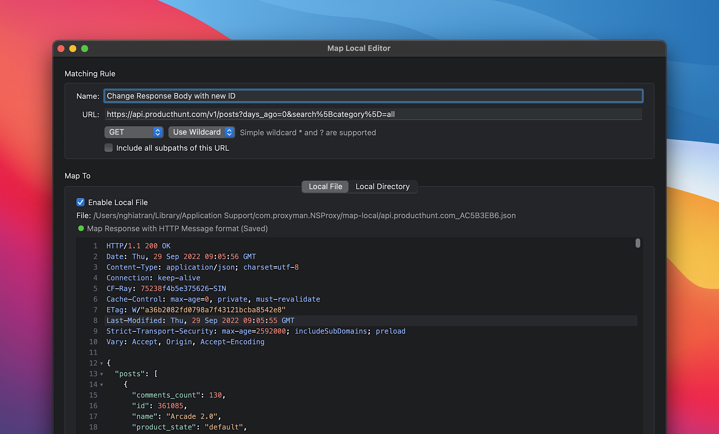 Map a local file with a matched response with Proxyman